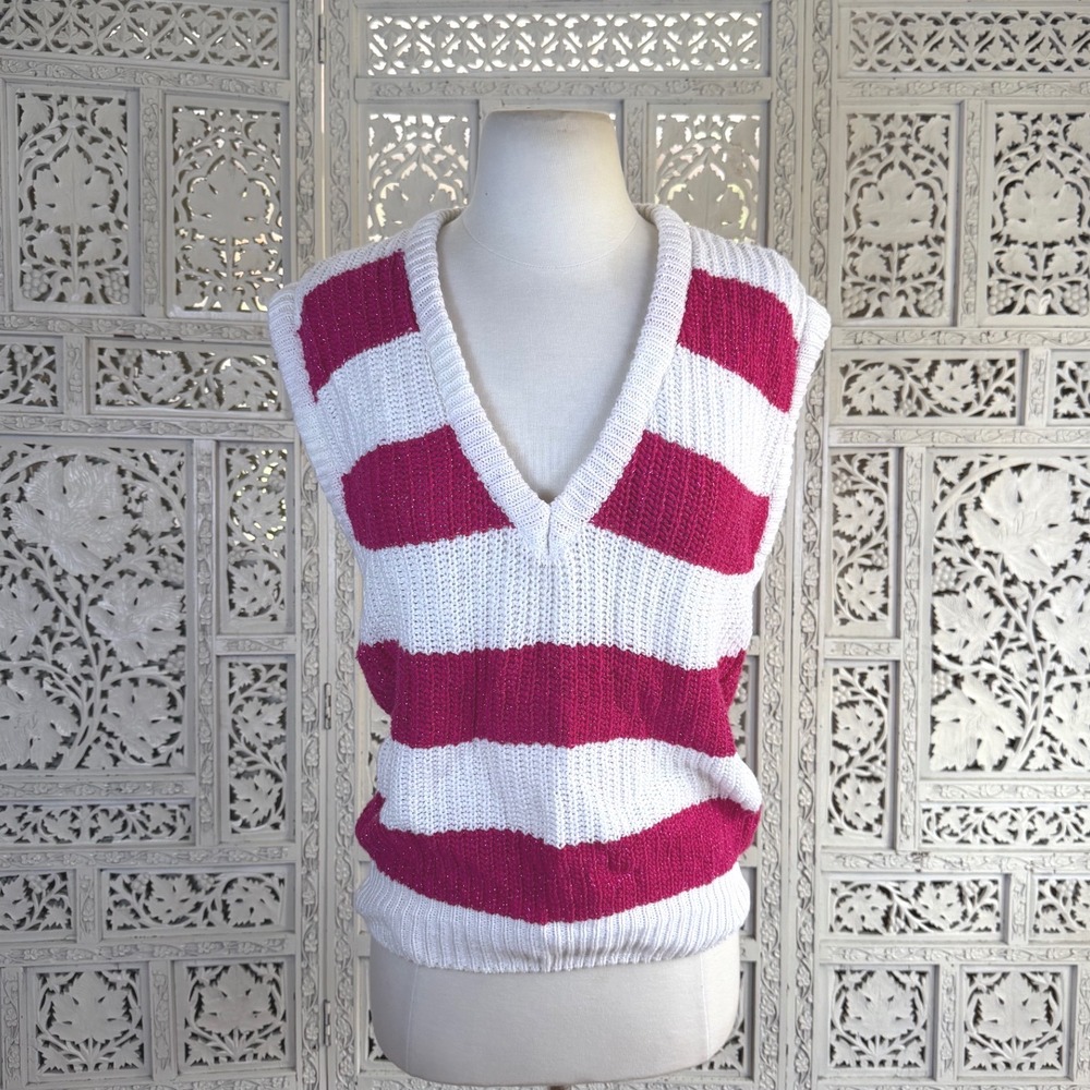 Vtg 80's Striped Metallic Preppy V Neck Sweater Vest Womens Medium Golf Pink